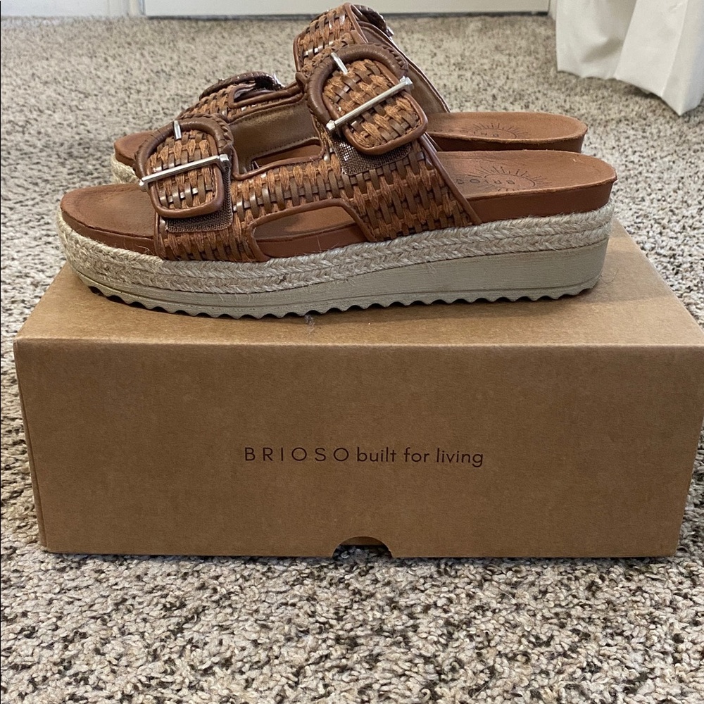 Brioso Fenney Brown Woven Double Buckle Banded Platform Slide Sandal, worn 5x - Picture 3 of 12